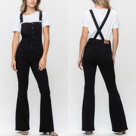 Judy Blue Tummy Control Retro Flare Overalls in Black JB88690 - Picture 1 of 13